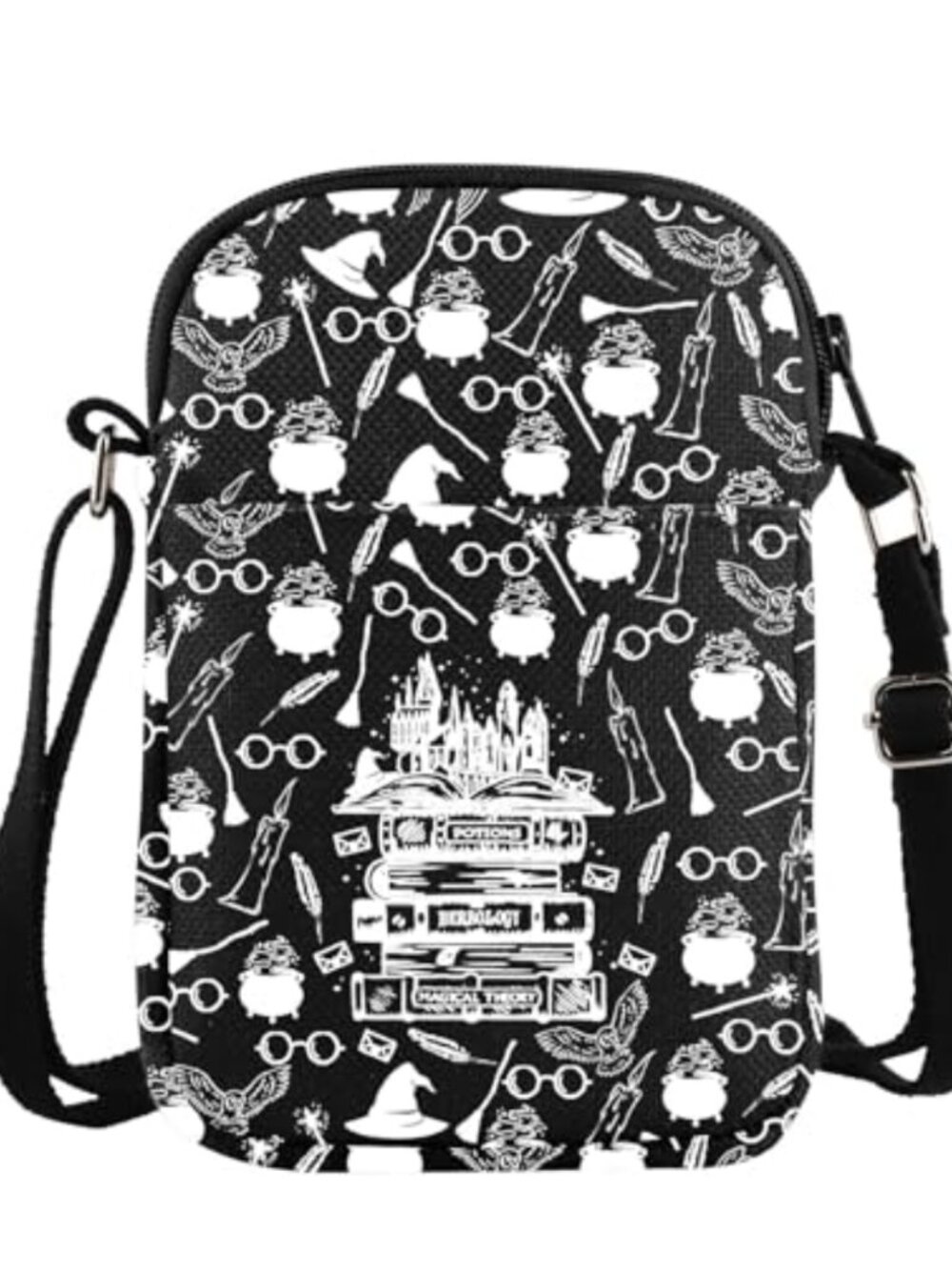 Canvas Crossbody Bag Wizard Book and Wand Print Adjustable Strap Shoulder Purse